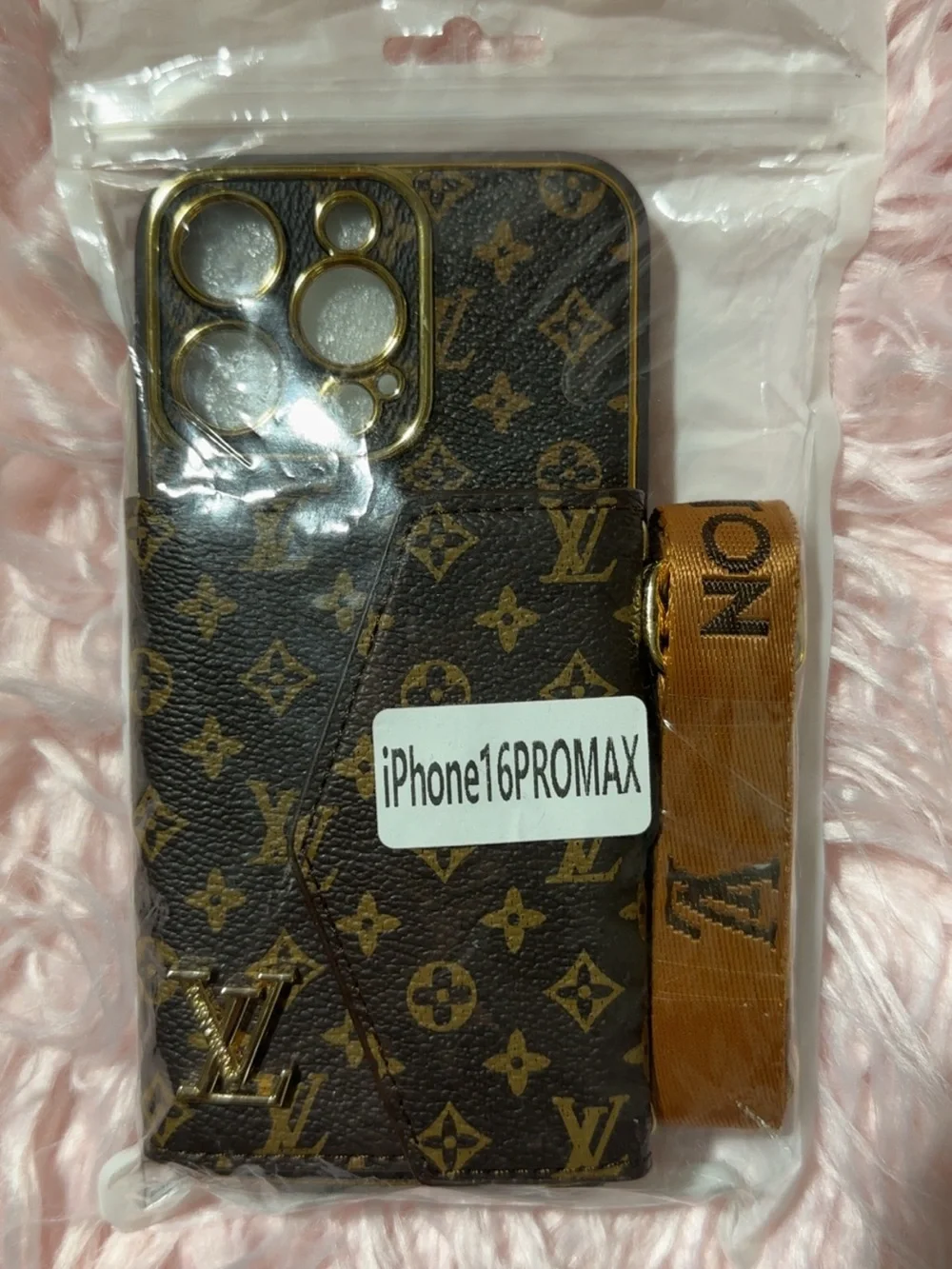Luxury Monogram Brown Phone Wallet Case with Strap iPhone 16 ProMax